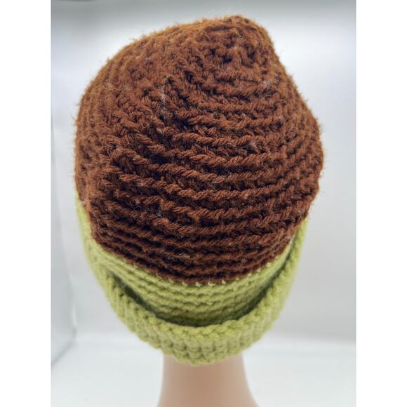 Chunky Knit Woven Wide Green Brown Stripe Beanie Knit Hat Outdoors Unisex XL - Picture 6 of 9